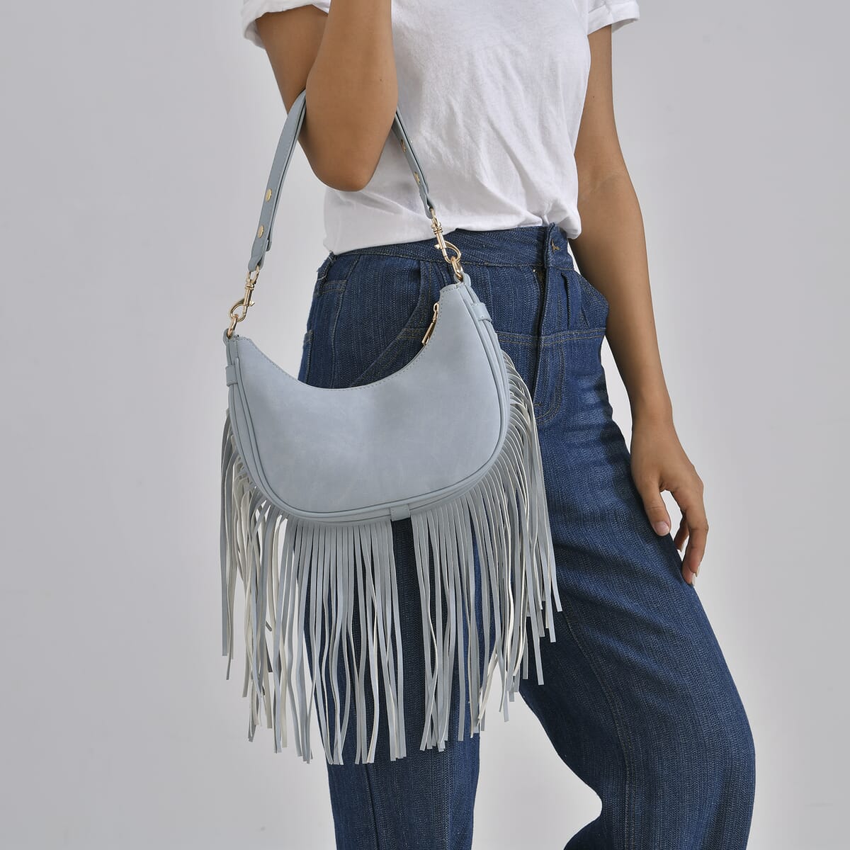 Blue Faux Leather Shoulder Bag with Tassel image number 2