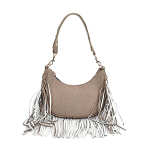 Gray Faux Leather Shoulder Bag with Tassel