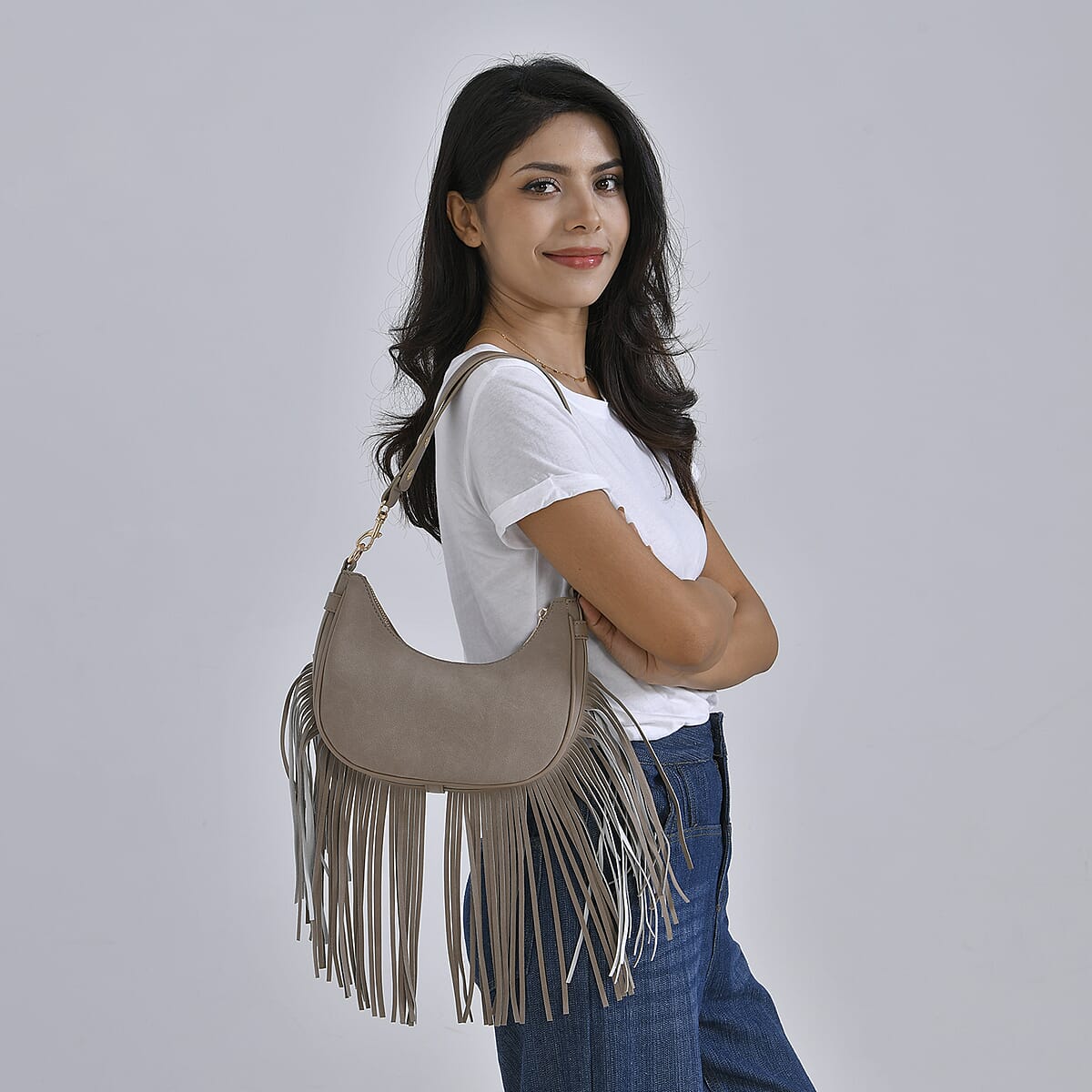Gray Faux Leather Shoulder Bag with Tassel image number 1