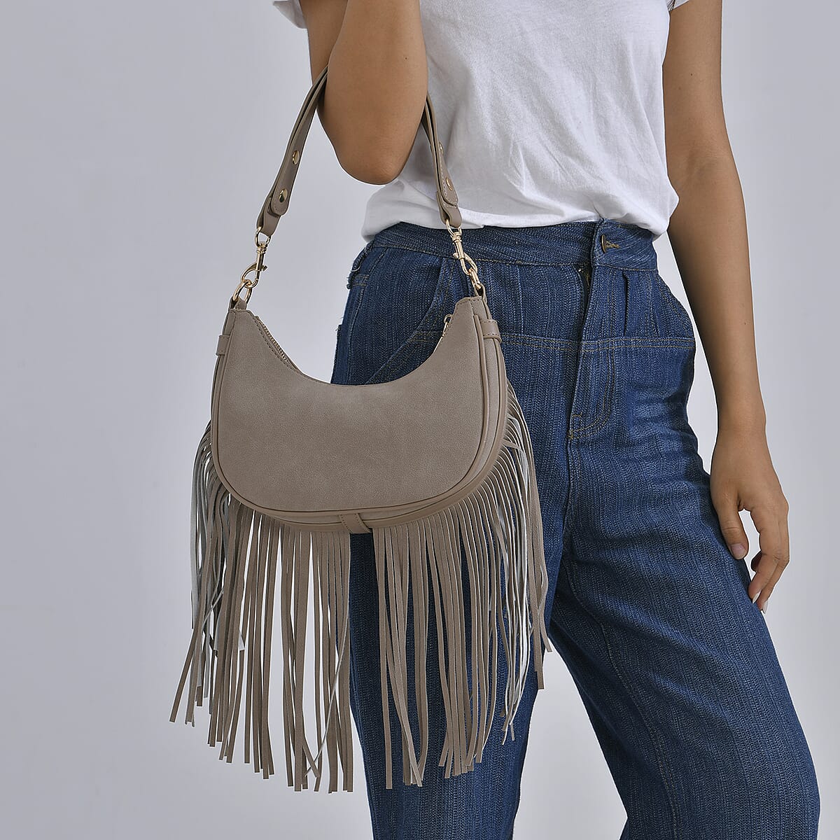 Gray Faux Leather Shoulder Bag with Tassel image number 2