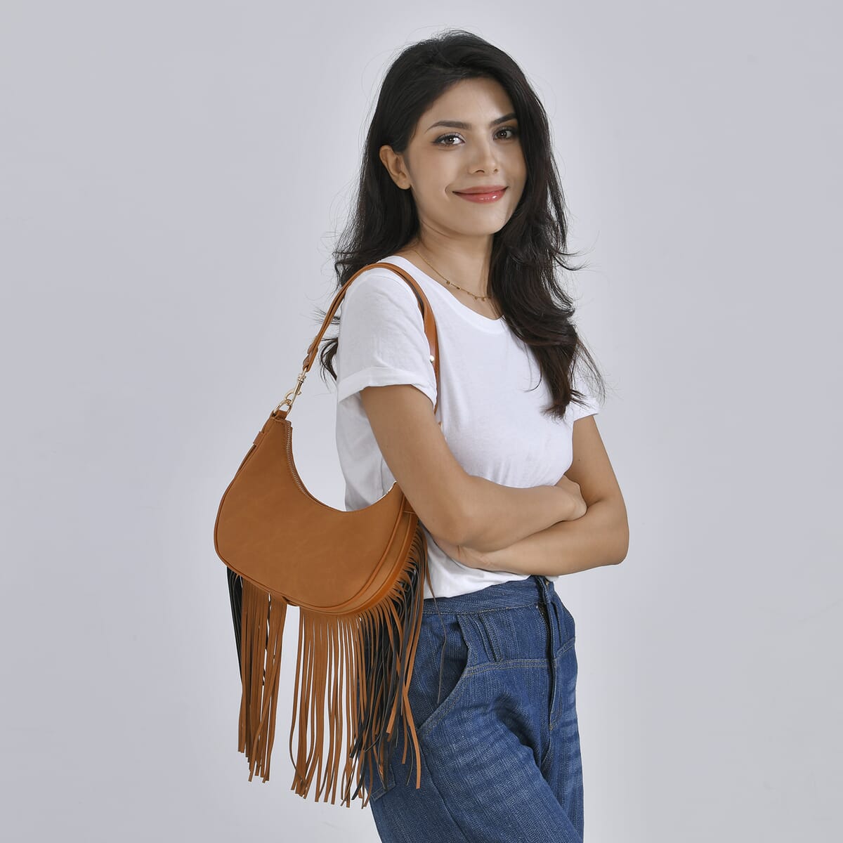 Tan Faux Leather Shoulder Bag with Tassel image number 1