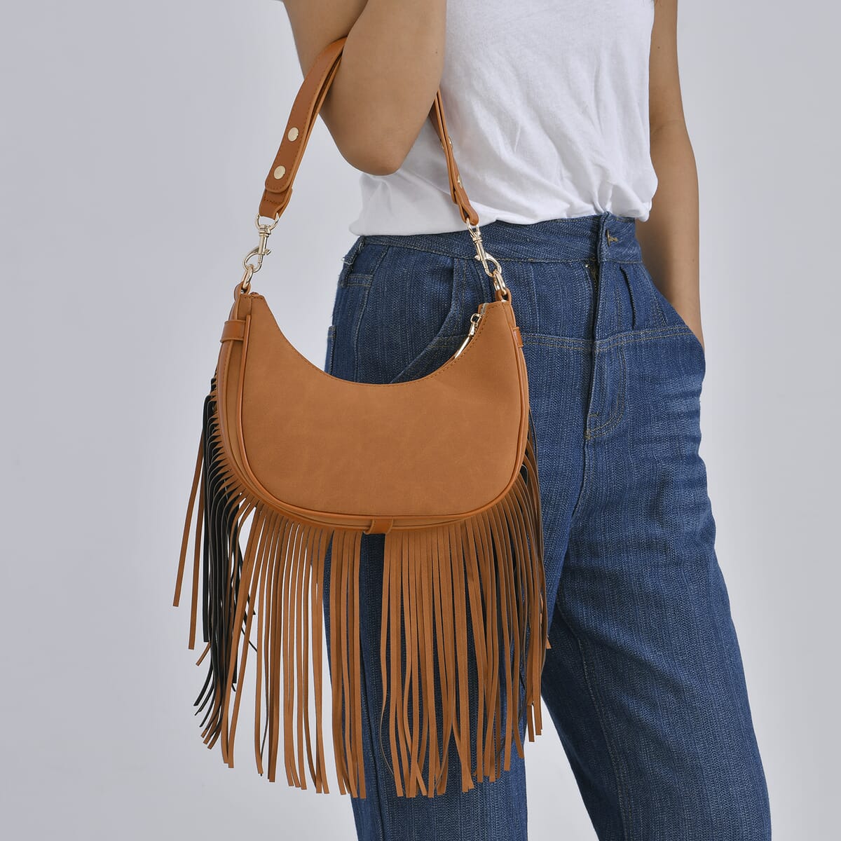 Tan Faux Leather Shoulder Bag with Tassel image number 2