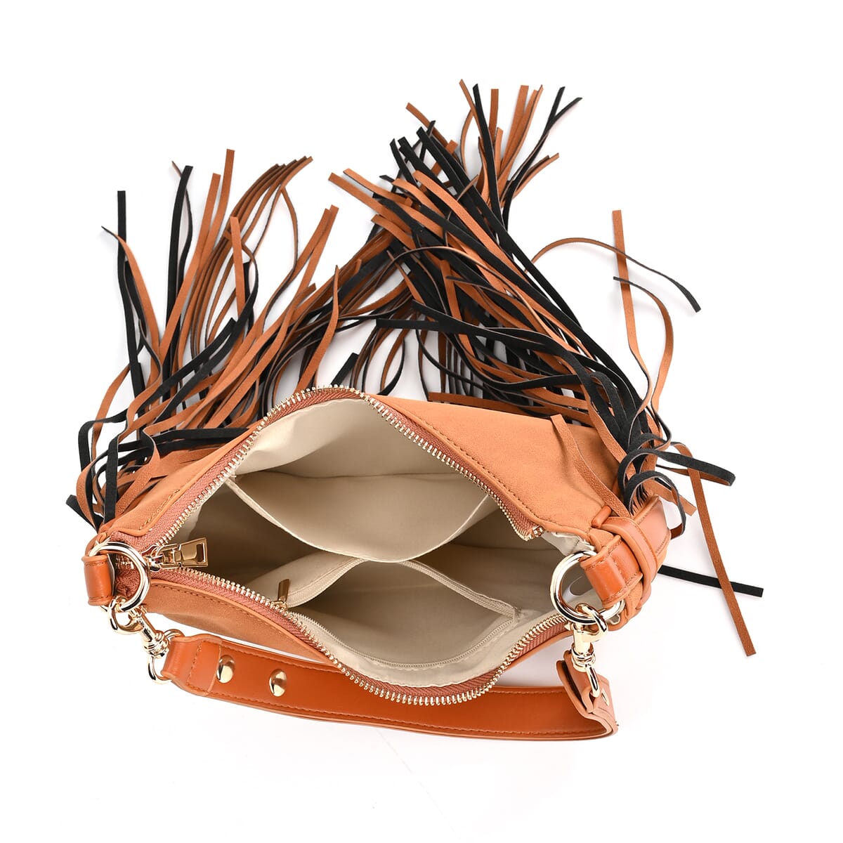 Tan Faux Leather Shoulder Bag with Tassel image number 4