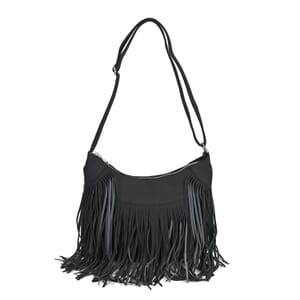 Black Faux Leather Shoulder Bag with Tassel