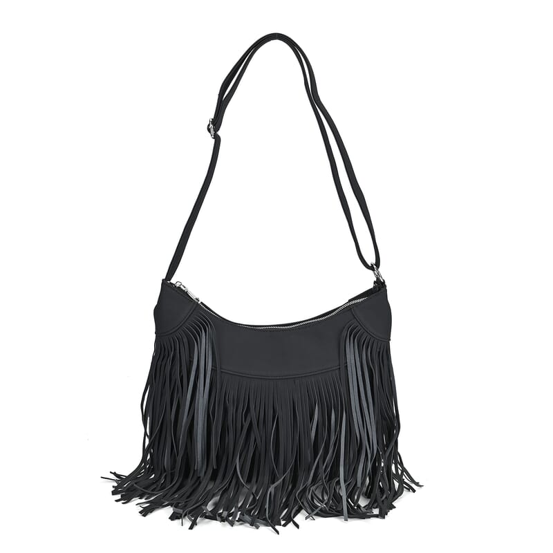 Black Faux Leather Shoulder Bag with Tassel