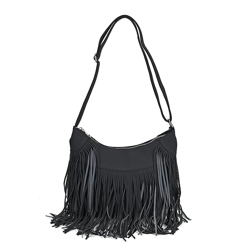 Black Faux Leather Shoulder Bag with Tassel
