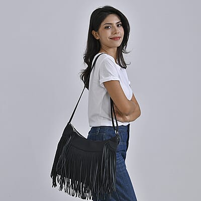 Black Faux Leather Shoulder Bag with Tassel