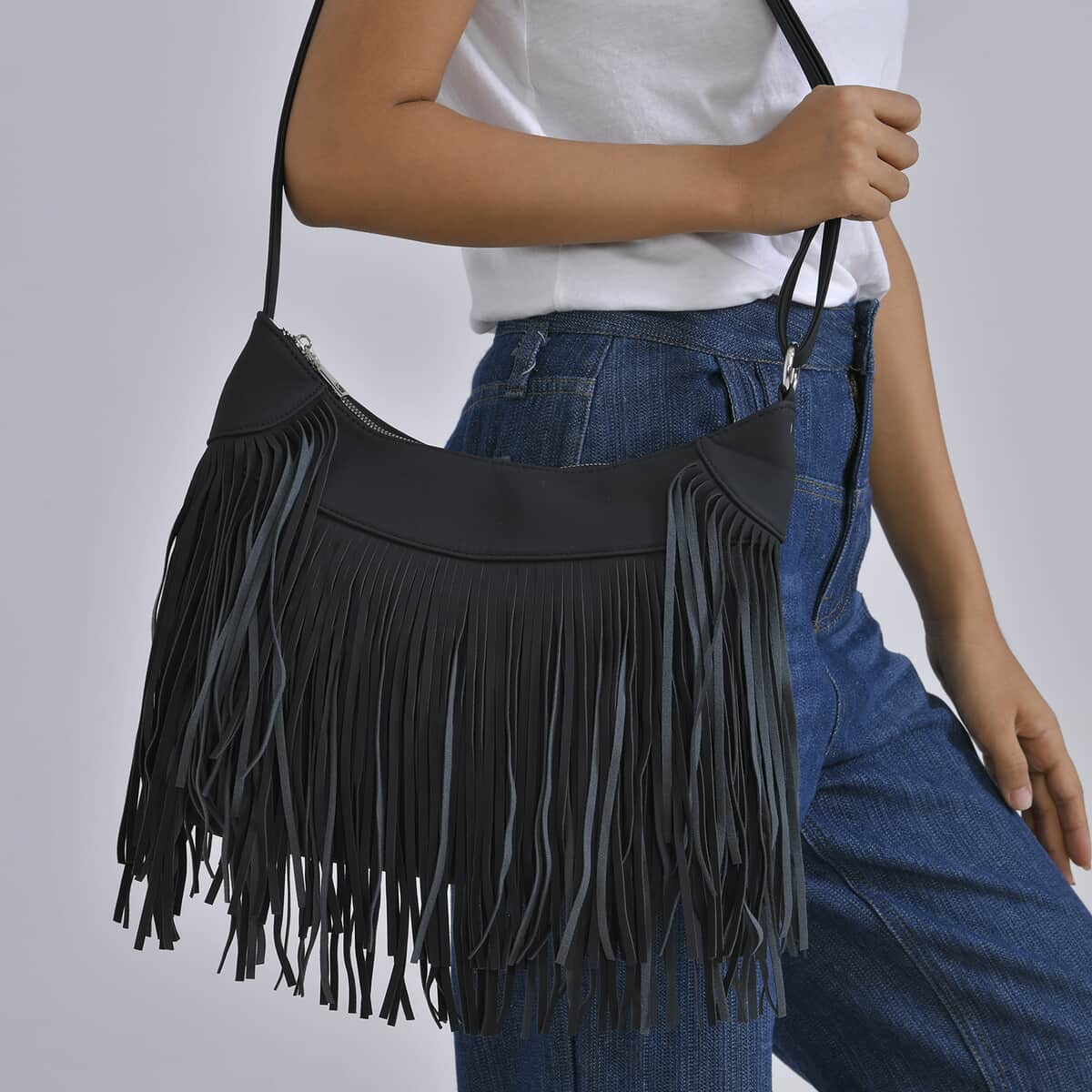 Black Faux Leather Shoulder Bag with Tassel image number 2