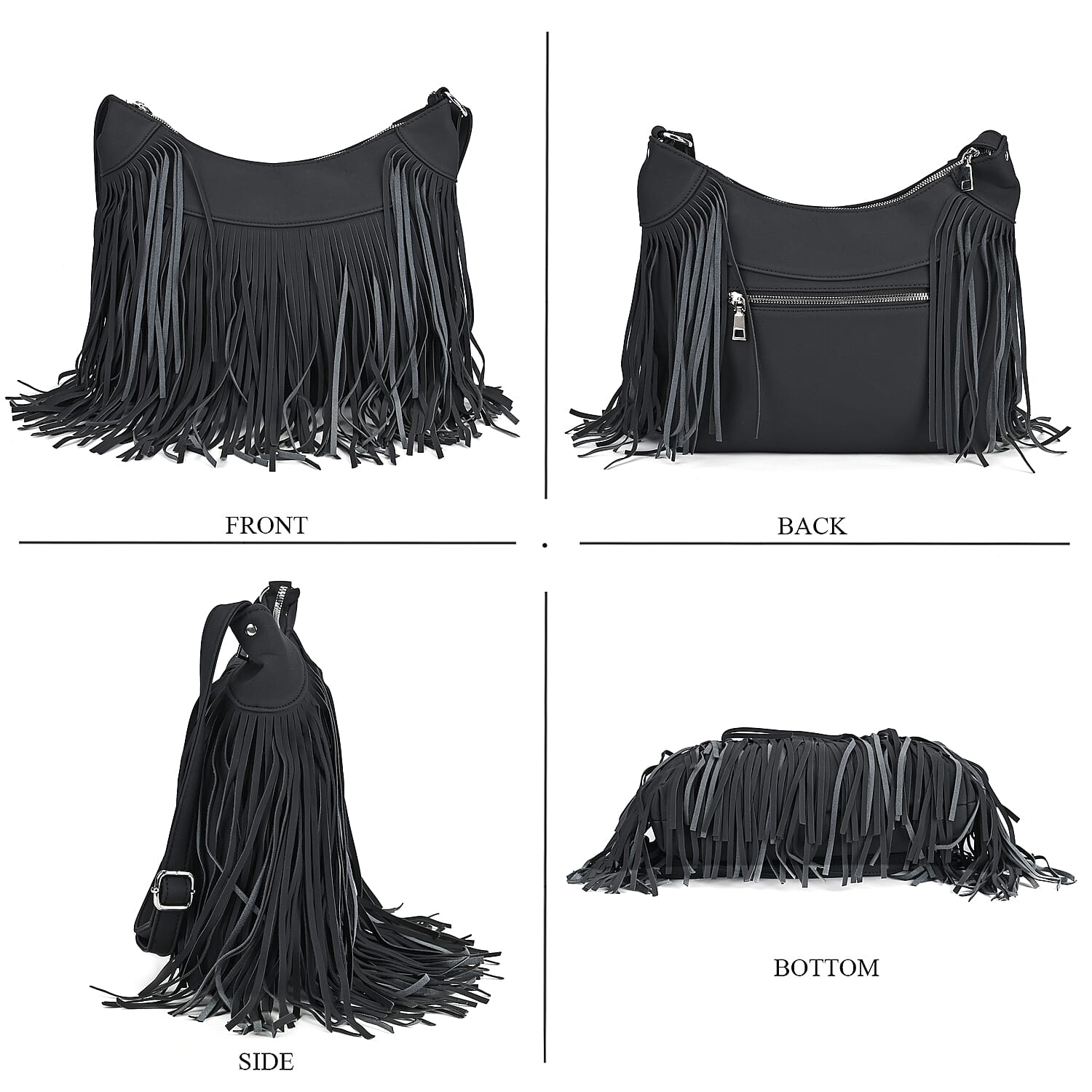 Black Faux Leather Shoulder Bag with Tassel