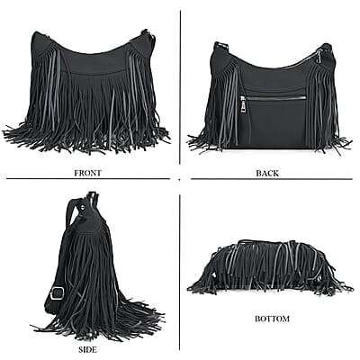 Black Faux Leather Shoulder Bag with Tassel