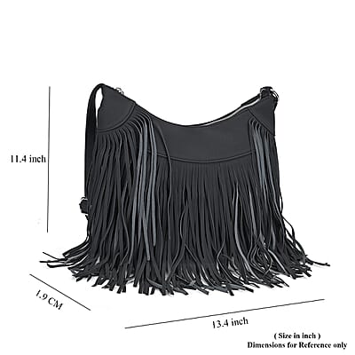 Black Faux Leather Shoulder Bag with Tassel