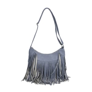 Blue Faux Leather Shoulder Bag with Tassel