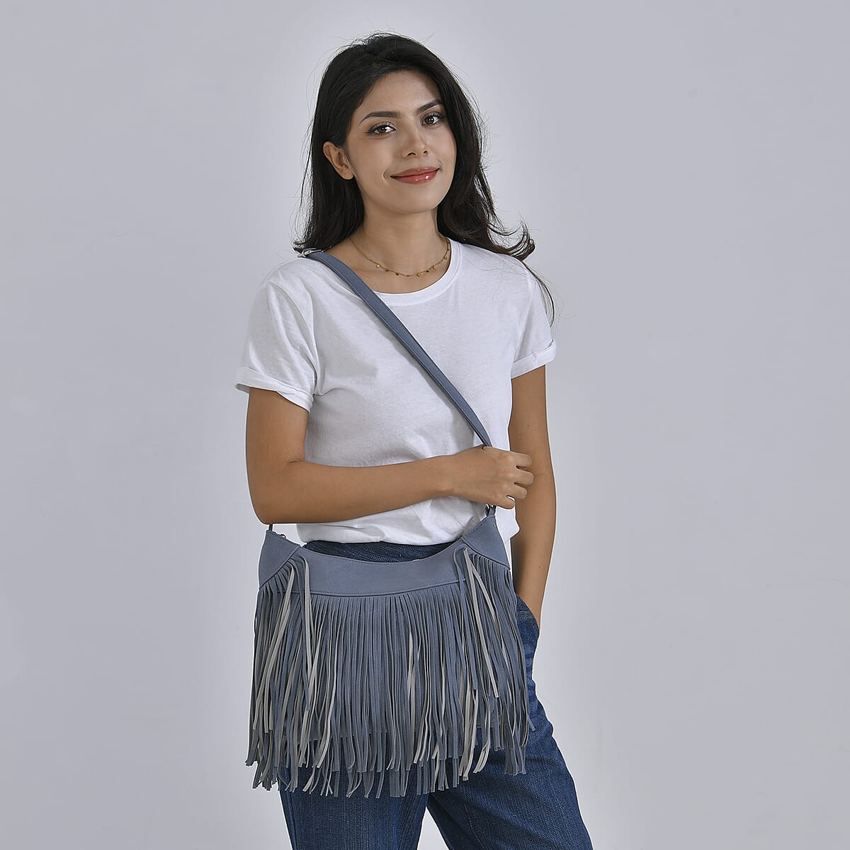 Blue Faux Leather Shoulder Bag with Tassel image number 1