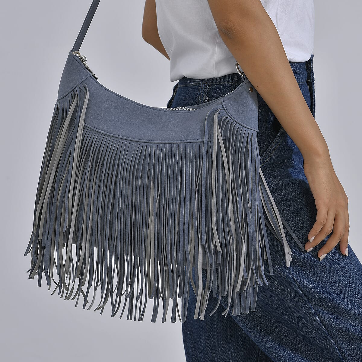 Blue Faux Leather Shoulder Bag with Tassel image number 2