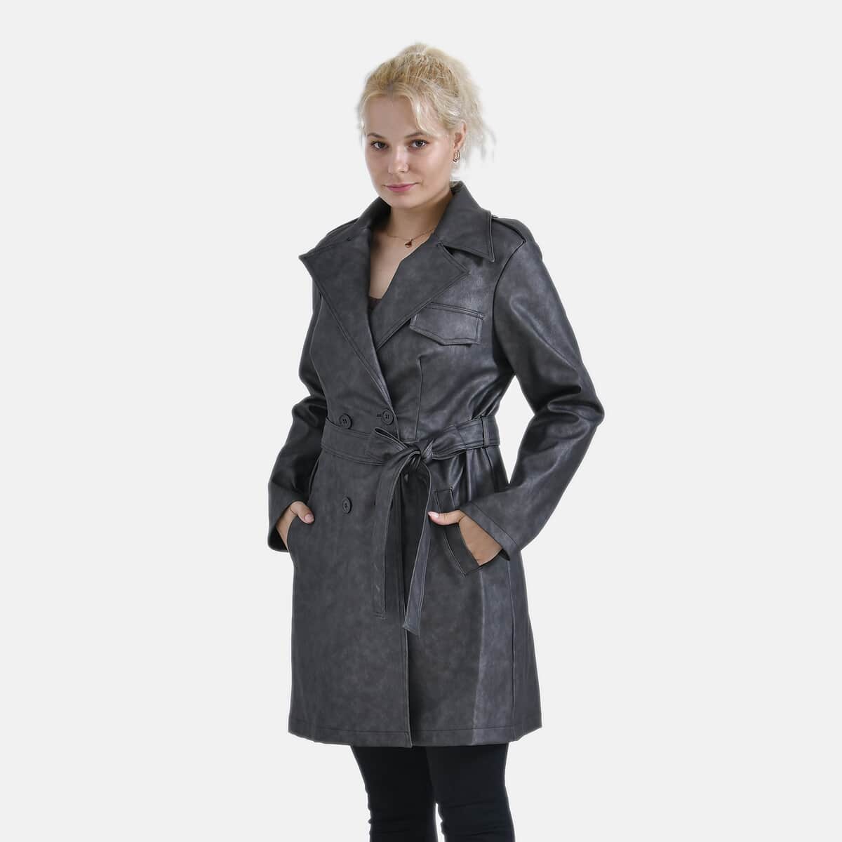 Tamsy Gunmetal Double Breasted PU Short Trench Coat with Waist Tie - S image number 0