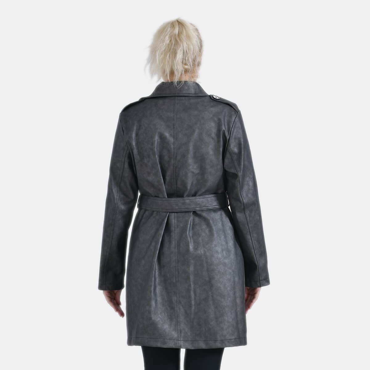 Tamsy Gunmetal Double Breasted PU Short Trench Coat with Waist Tie - S image number 1