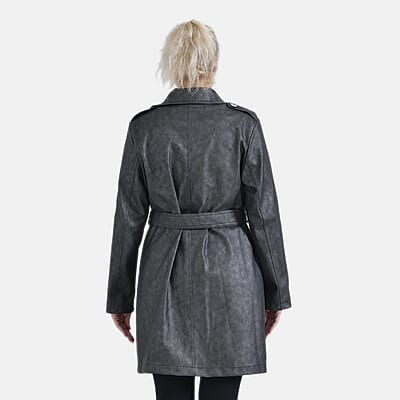 Tamsy Gunmetal Double Breasted PU Short Trench Coat with Waist Tie - S