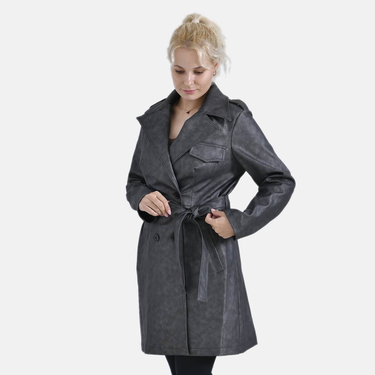 Tamsy Gunmetal Double Breasted PU Short Trench Coat with Waist Tie - S image number 2