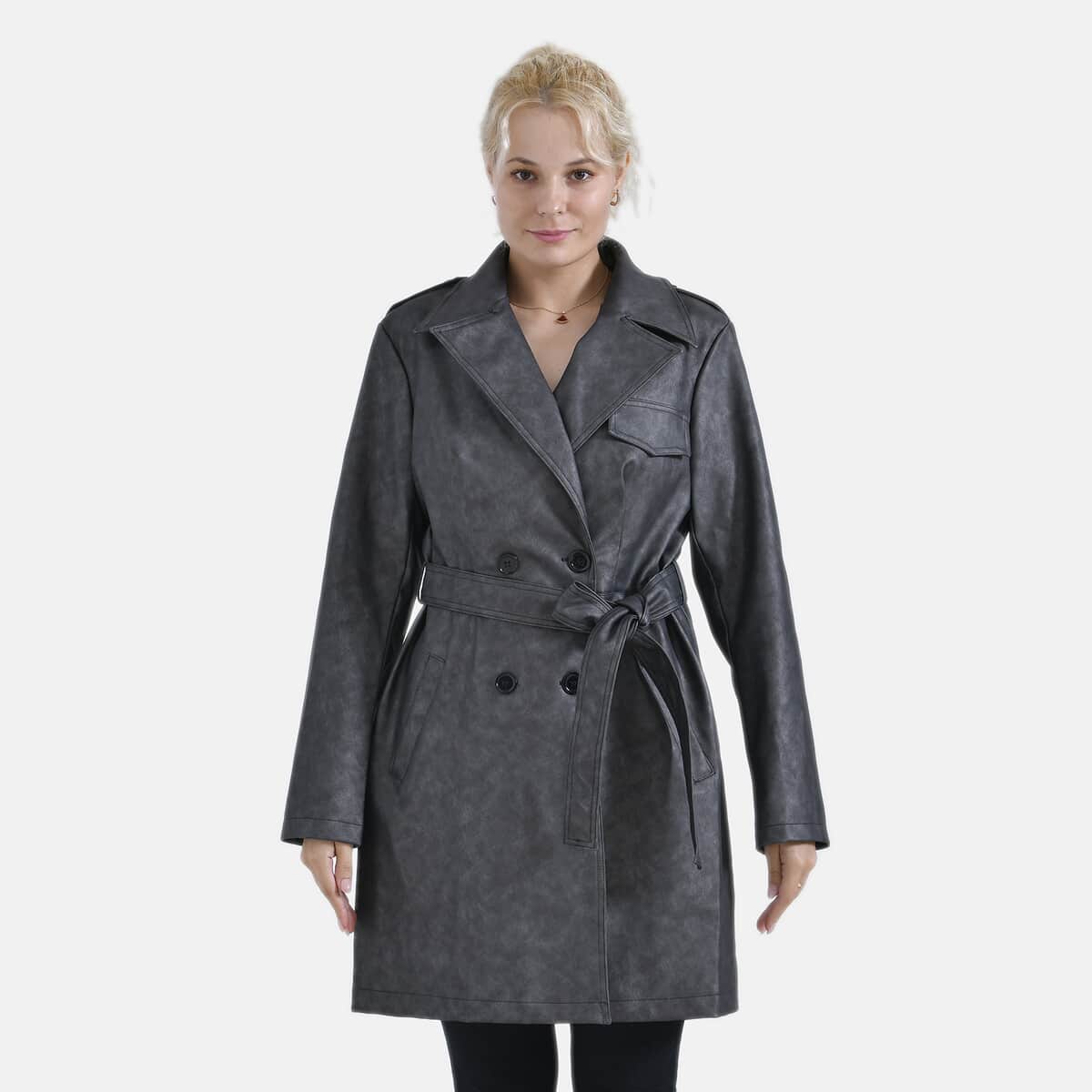 Tamsy Gunmetal Double Breasted PU Short Trench Coat with Waist Tie - S image number 3