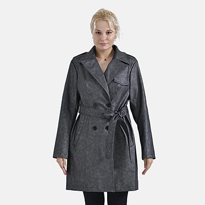 Tamsy Gunmetal Double Breasted PU Short Trench Coat with Waist Tie - S