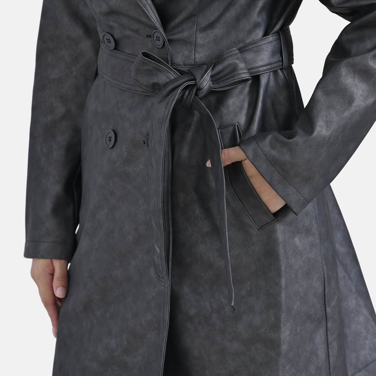 Tamsy Gunmetal Double Breasted PU Short Trench Coat with Waist Tie - S image number 5