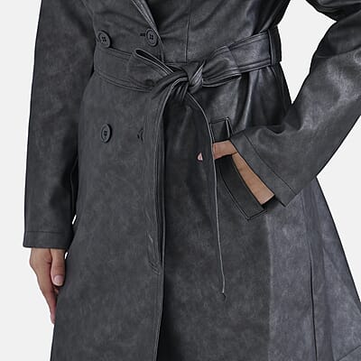 Tamsy Gunmetal Double Breasted PU Short Trench Coat with Waist Tie - S