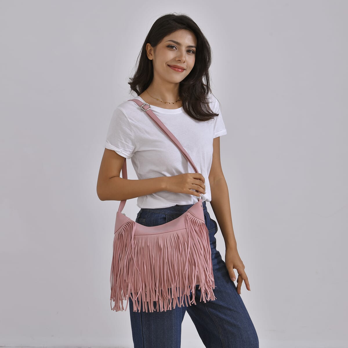 Pink Faux Leather Shoulder Bag with Tassel image number 1