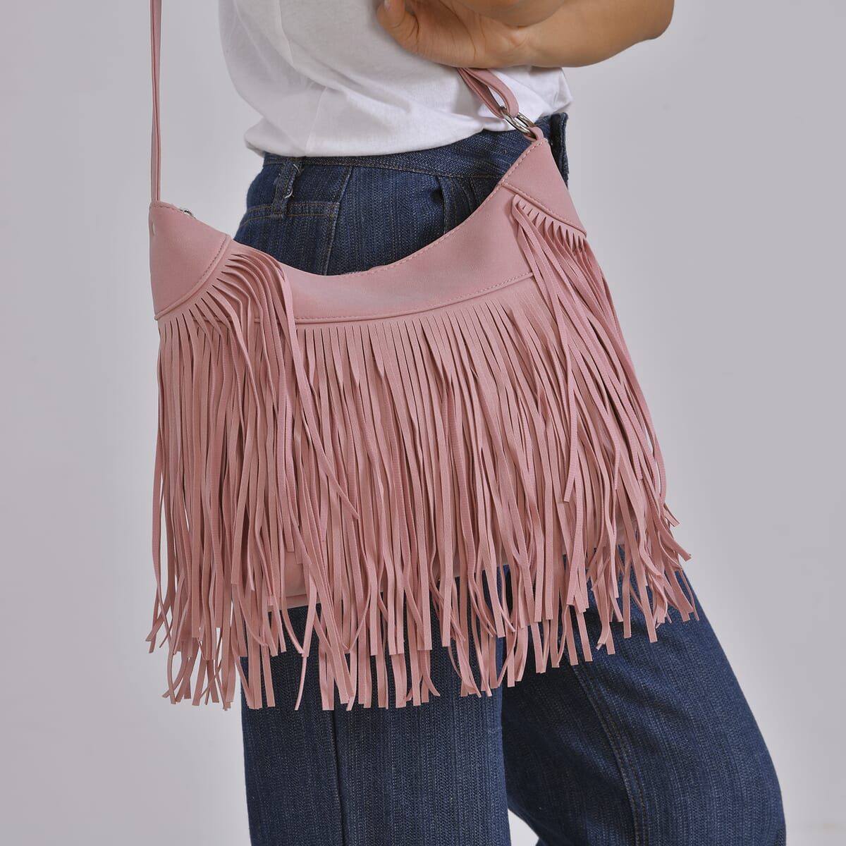 Pink Faux Leather Shoulder Bag with Tassel image number 2