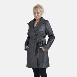 Tamsy Gunmetal Double Breasted PU Short Trench Coat with Waist Tie - XXL