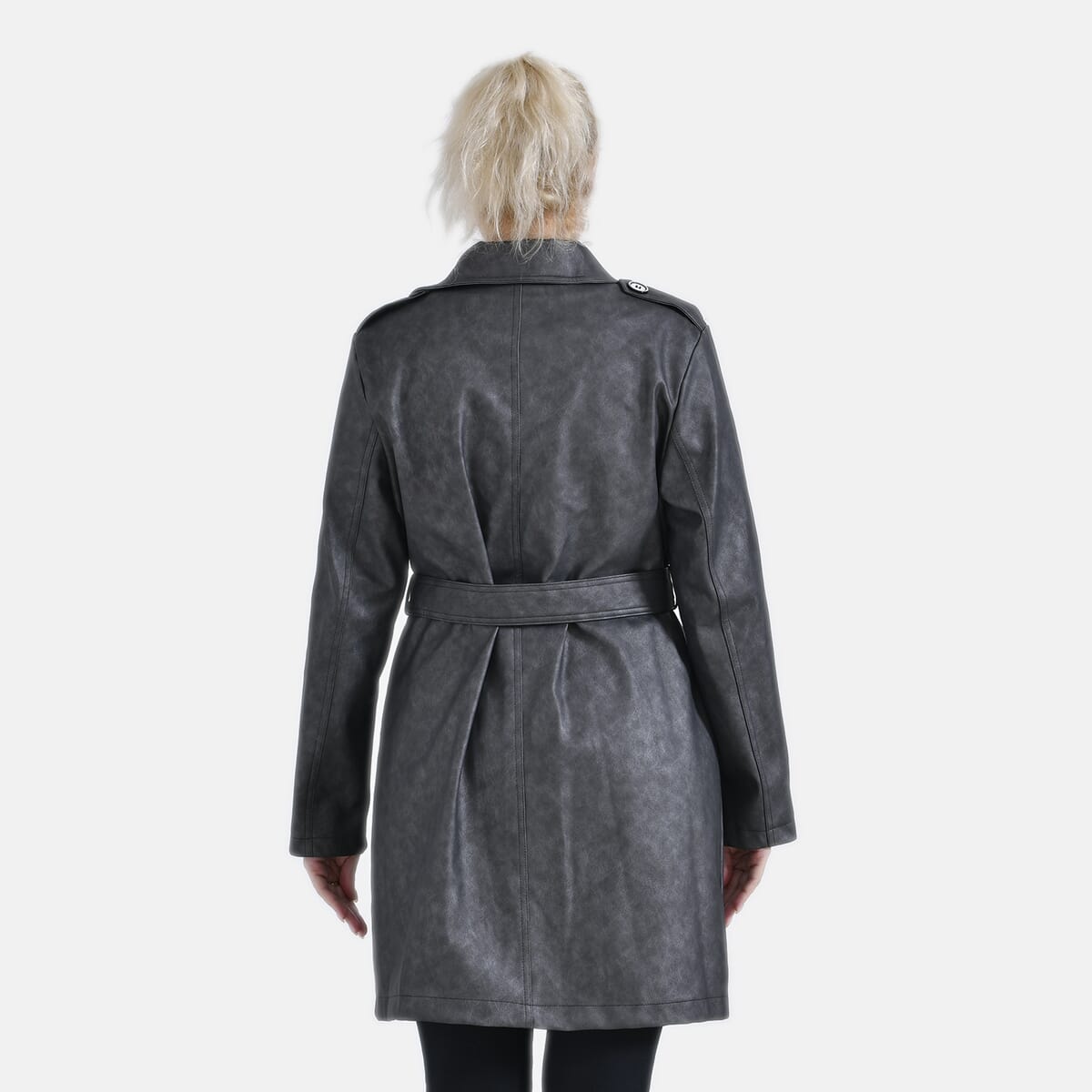 Tamsy Gunmetal Double Breasted PU Short Trench Coat with Waist Tie - XXL image number 1