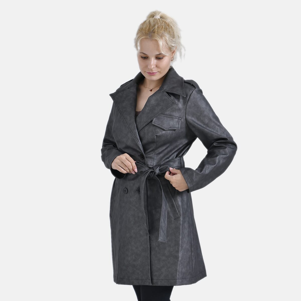 Tamsy Gunmetal Double Breasted PU Short Trench Coat with Waist Tie - XXL image number 2