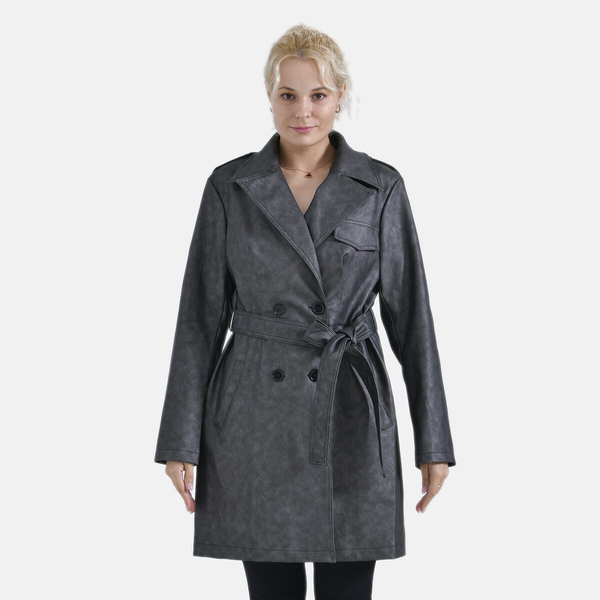 Tamsy Gunmetal Double Breasted PU Short Trench Coat with Waist Tie - XXL image number 3