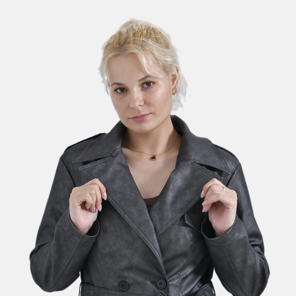 Tamsy Gunmetal Double Breasted PU Short Trench Coat with Waist Tie - XXL image number 4