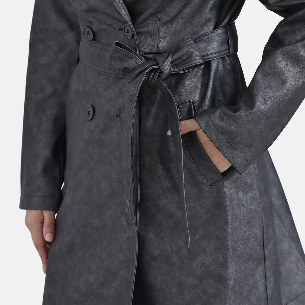 Tamsy Gunmetal Double Breasted PU Short Trench Coat with Waist Tie - XXL image number 5