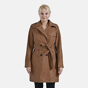 Tamsy Cognac Double Breasted PU Short Trench Coat with Waist Tie - M