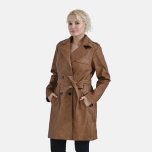 Tamsy Cognac Double Breasted PU Short Trench Coat with Waist Tie - L