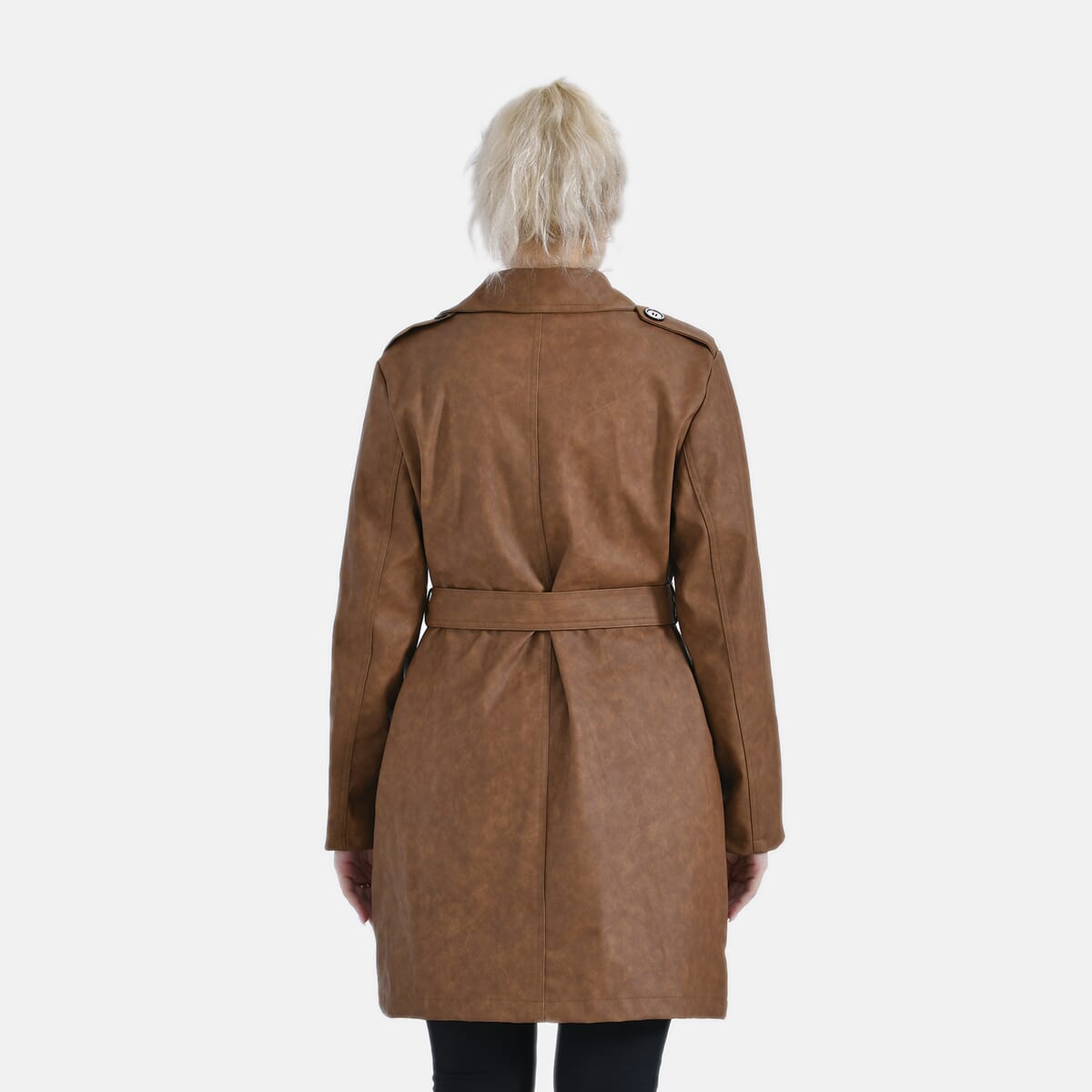 Tamsy Cognac Double Breasted PU Short Trench Coat with Waist Tie - L image number 1