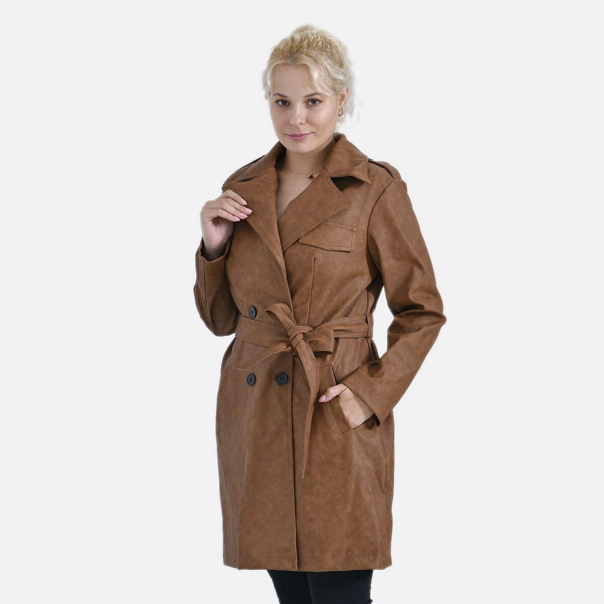 Tamsy Cognac Double Breasted PU Short Trench Coat with Waist Tie - L image number 2