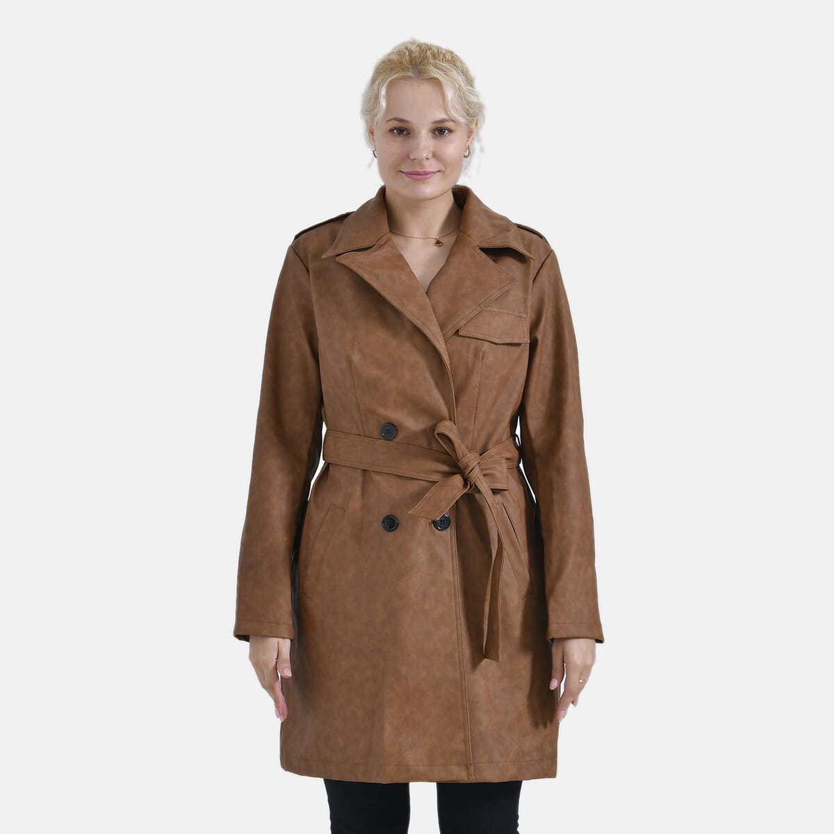 Tamsy Cognac Double Breasted PU Short Trench Coat with Waist Tie - L image number 3