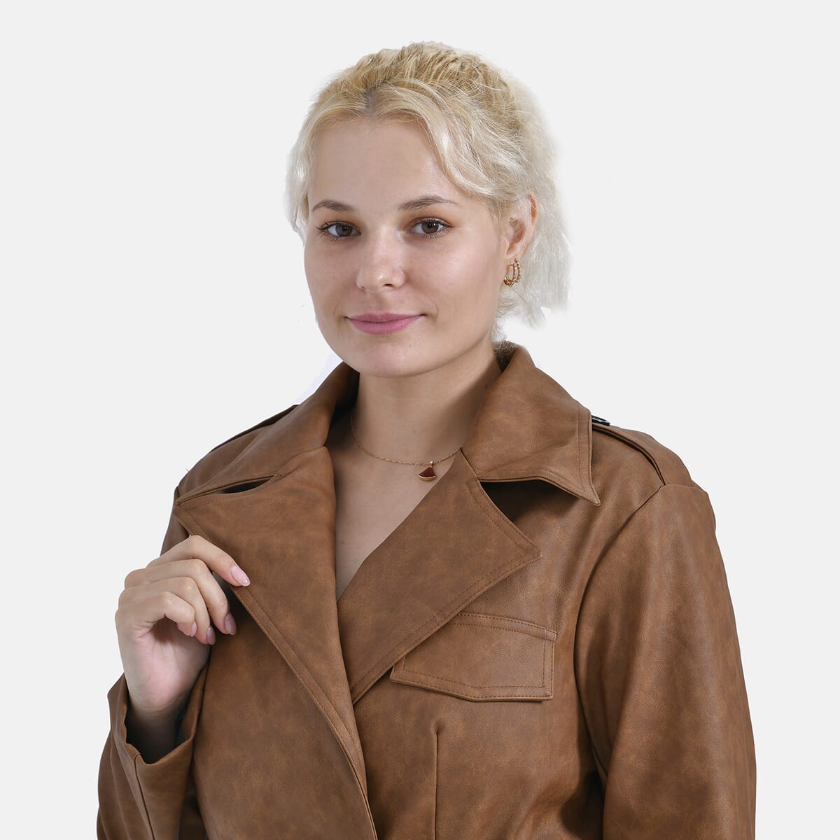 Tamsy Cognac Double Breasted PU Short Trench Coat with Waist Tie - L image number 4