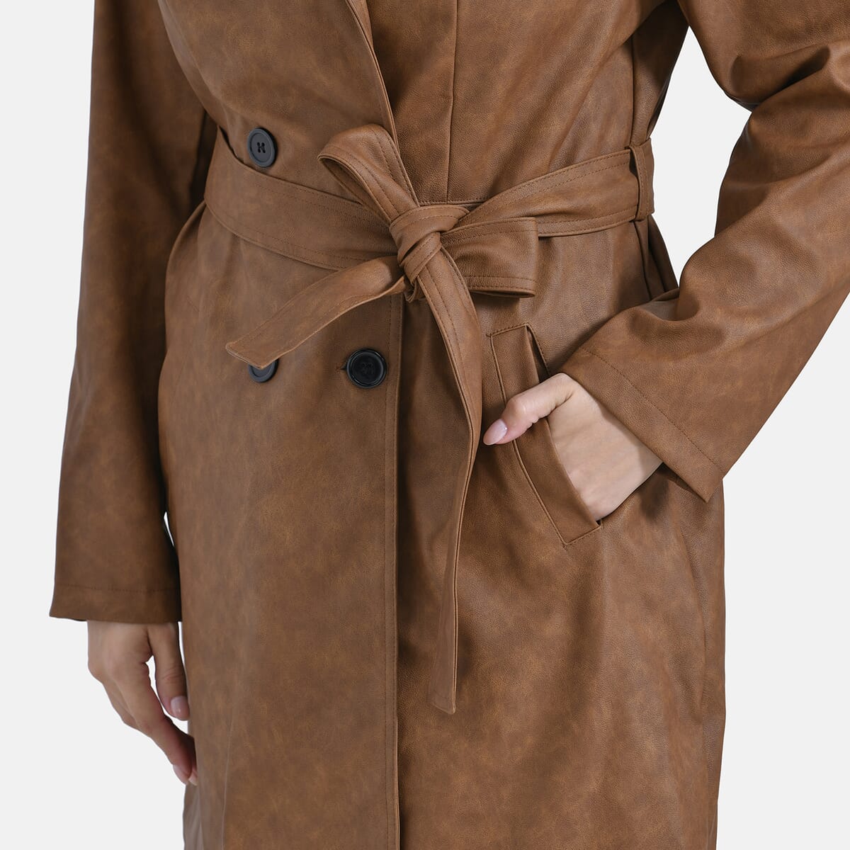 Tamsy Cognac Double Breasted PU Short Trench Coat with Waist Tie - L image number 5