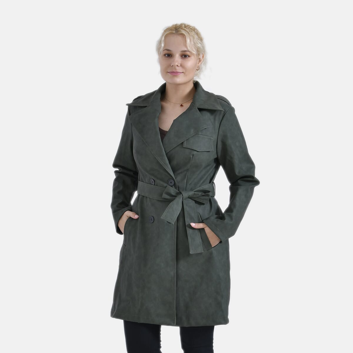 Tamsy Forest Green Double Breasted PU Short Trench Coat with Waist Tie - M image number 0