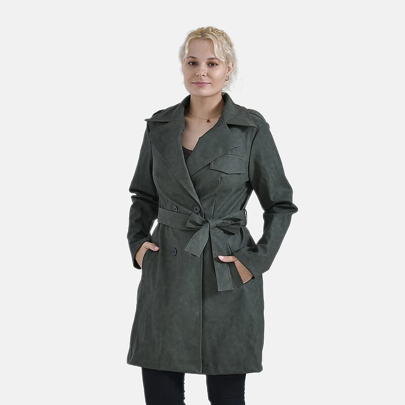 Tamsy Forest Green Double Breasted PU Short Trench Coat with Waist Tie - M