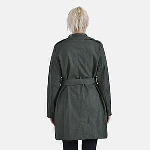 Tamsy Forest Green Double Breasted PU Short Trench Coat with Waist Tie - M