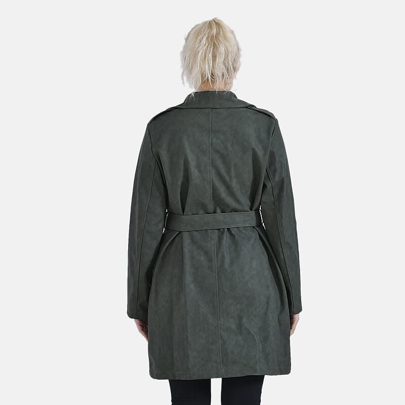 Tamsy Forest Green Double Breasted PU Short Trench Coat with Waist Tie - M