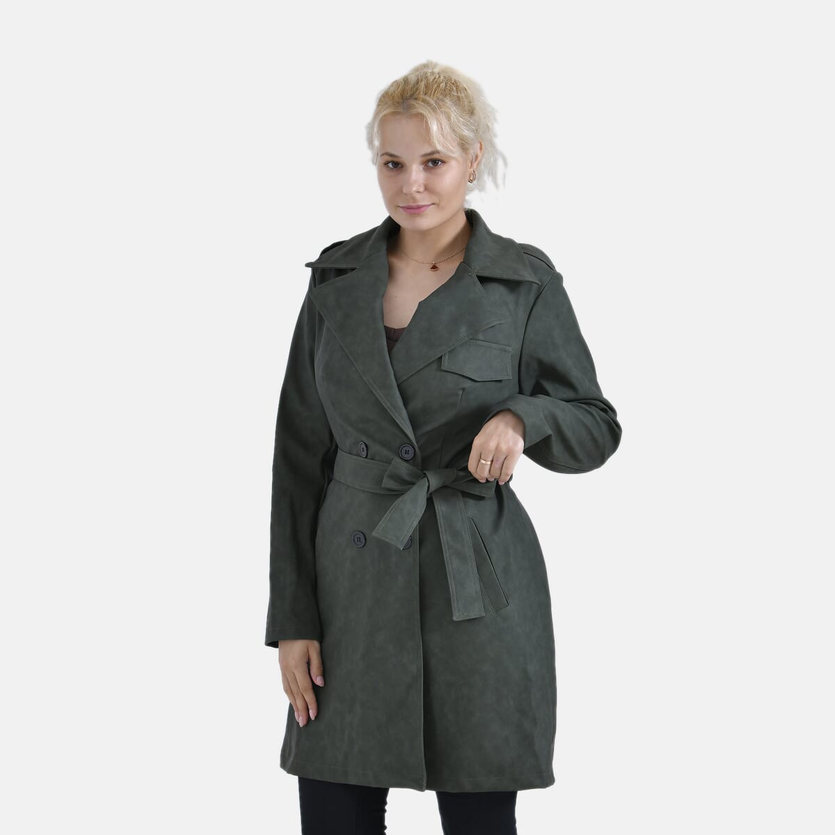 Tamsy Forest Green Double Breasted PU Short Trench Coat with Waist Tie - M image number 2