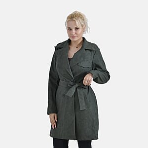Tamsy Forest Green Double Breasted PU Short Trench Coat with Waist Tie - M