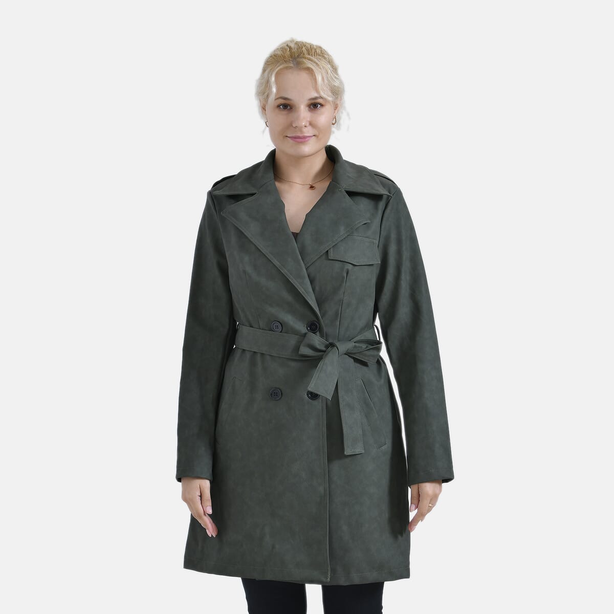 Tamsy Forest Green Double Breasted PU Short Trench Coat with Waist Tie - M image number 3