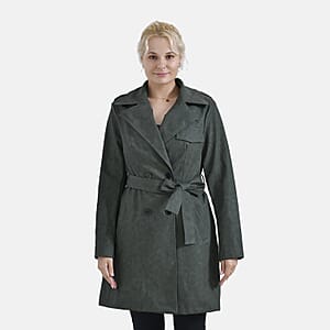Tamsy Forest Green Double Breasted PU Short Trench Coat with Waist Tie - M