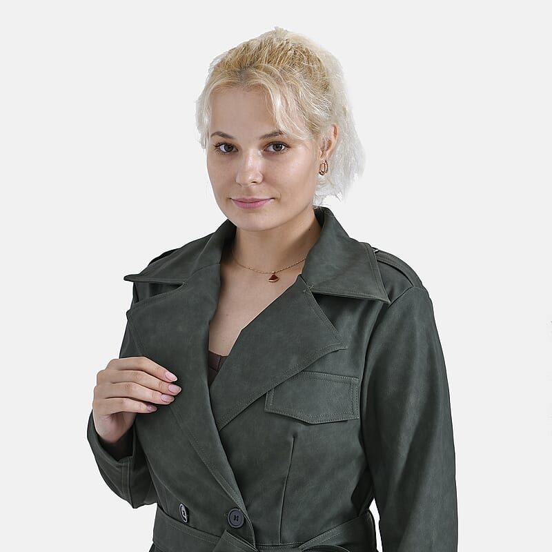 Tamsy Forest Green Double Breasted PU Short Trench Coat with Waist Tie - M
